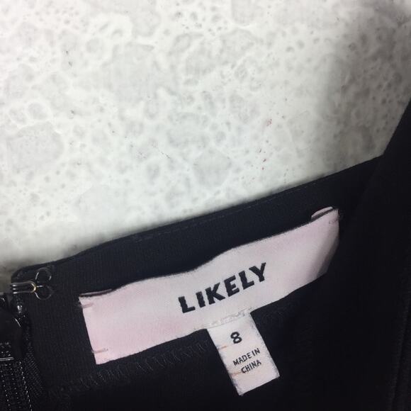 Likely Carmen Black Ruffle Knee Length Dress Size 8 Sleeve Stretch Flutter Hem - Picture 6 of 16